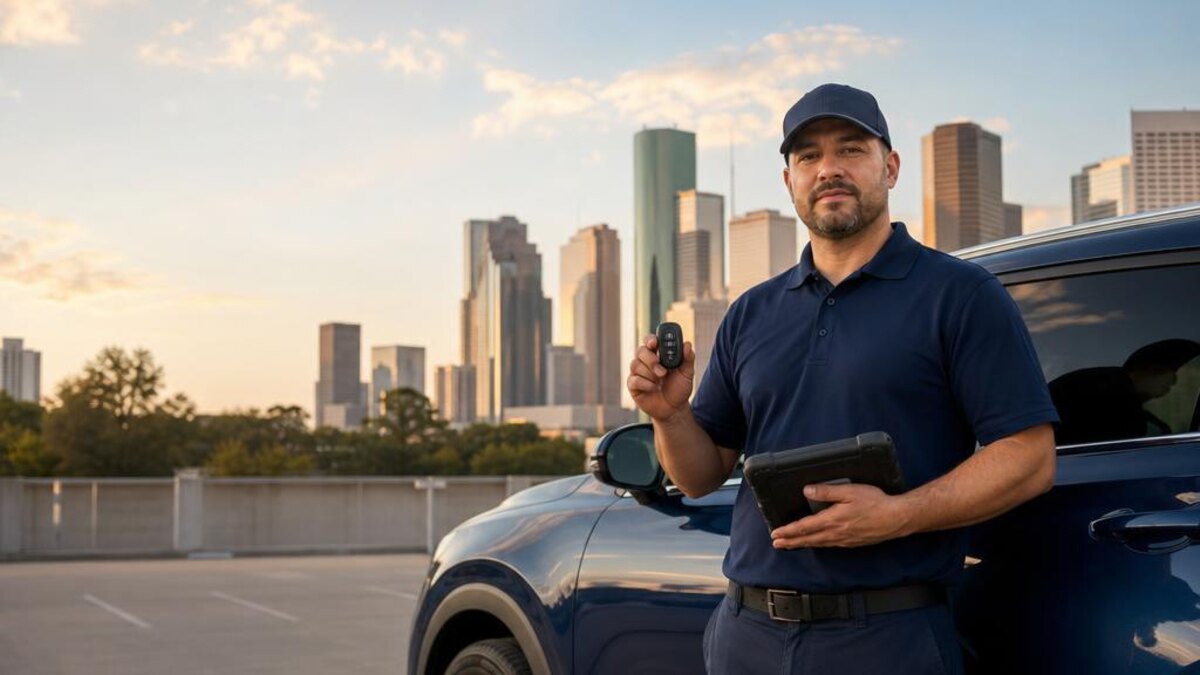 Mobile automotive locksmith holding a smart key and diagnostic tablet beside an SUV in Houston