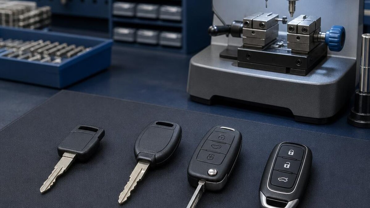 Traditional key, transponder key, flip key, and proximity fob arranged on a locksmith workbench