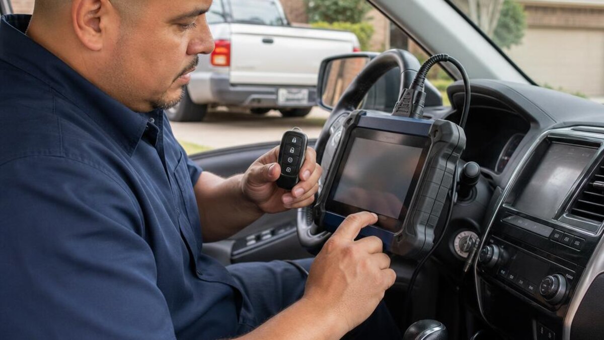 Automotive locksmith programming a replacement smart key with diagnostic equipment inside a vehicle