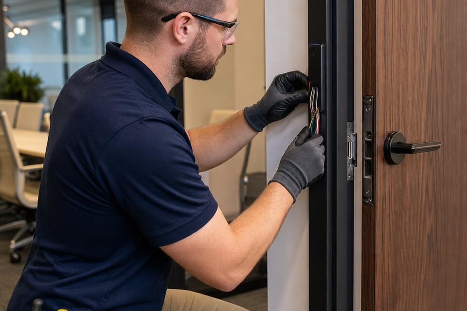 Security technician installing a card reader and electric strike on an office suite door