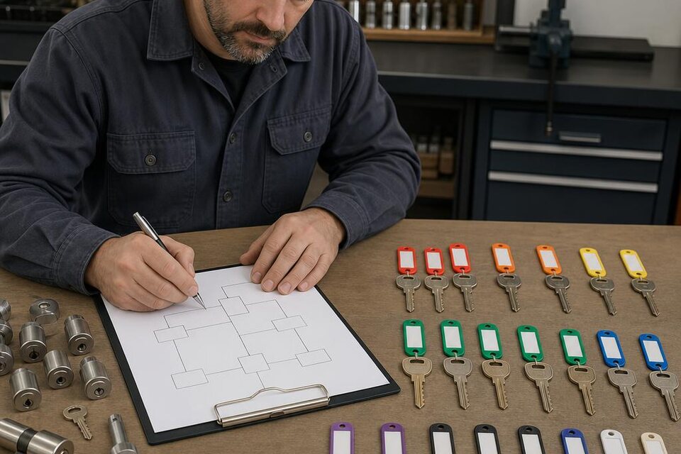 Commercial locksmith planning a controlled master key hierarchy with cylinders and tagged keys