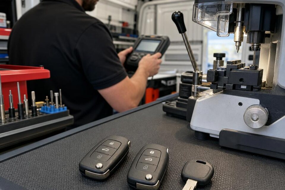 Unbranded replacement fobs and transponder key beside a mobile key-cutting machine
