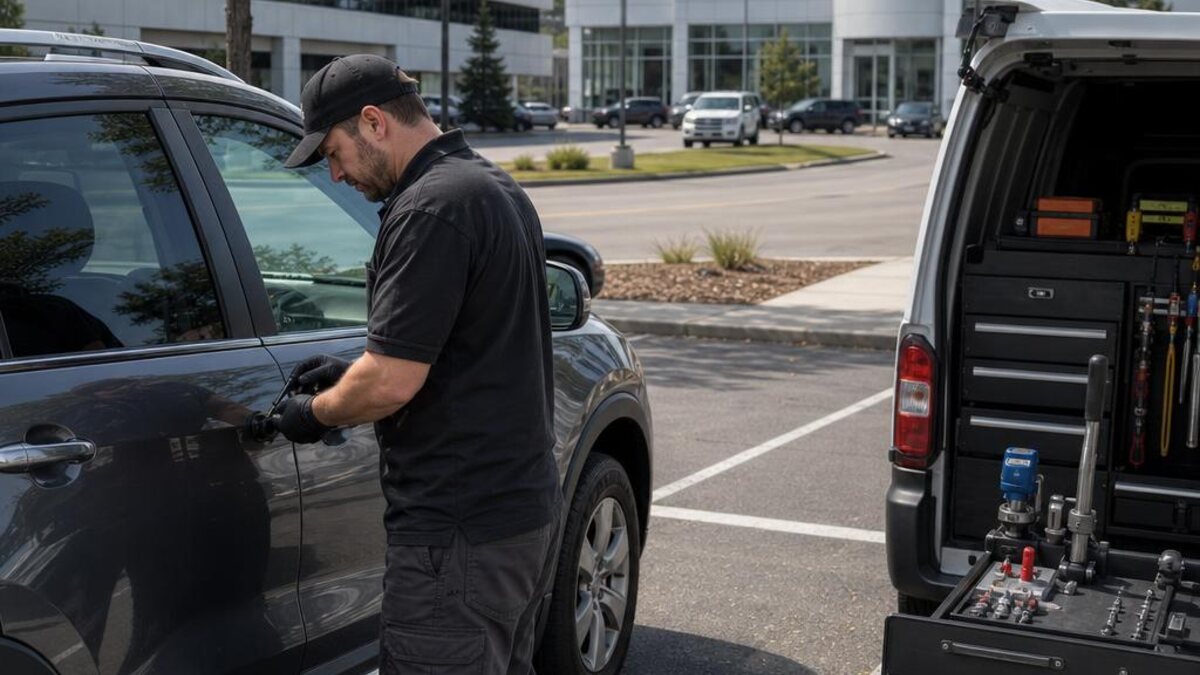 Mobile automotive locksmith working beside an SUV with a dealership building in the distance