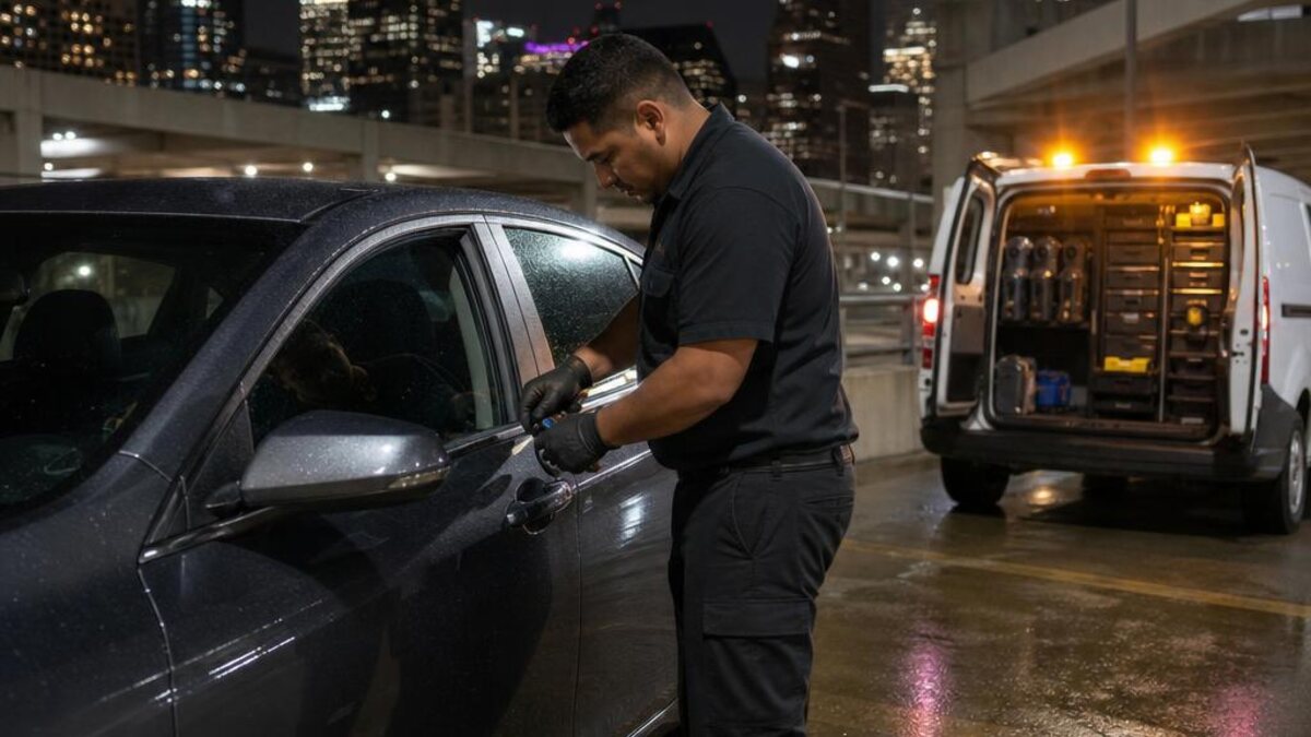 Automotive locksmith assisting at a car door in a city parking garage at night