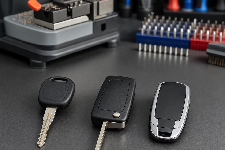 Transponder key, flip key, and proximity fob on a mobile locksmith workbench