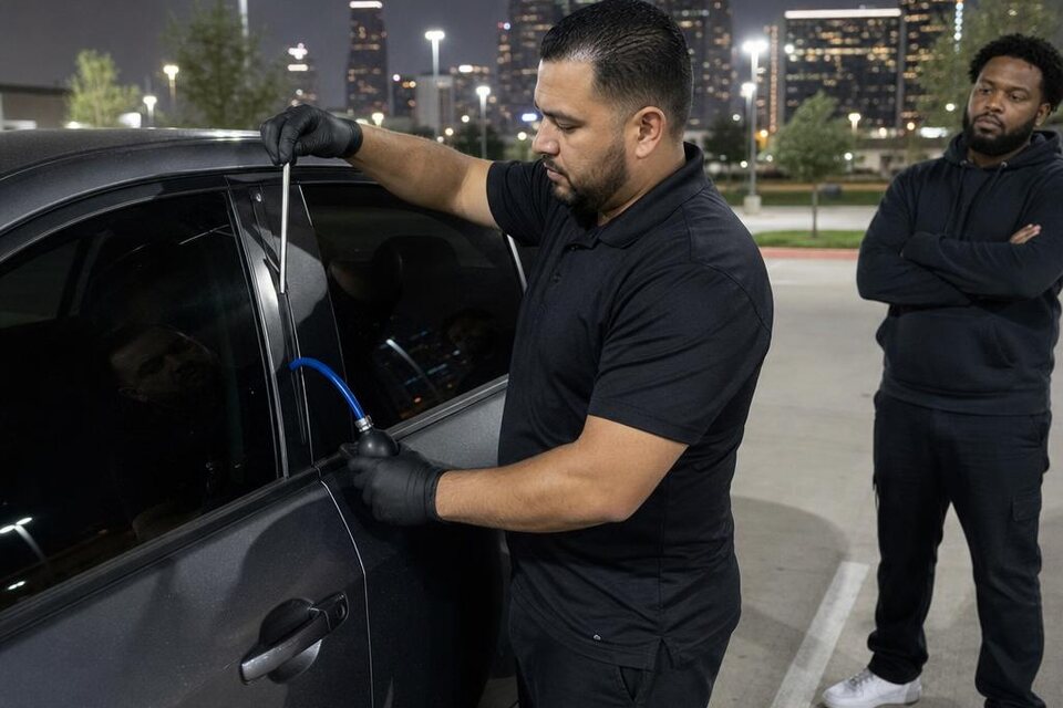 Mobile locksmith assisting with a vehicle lockout in a lit parking area
