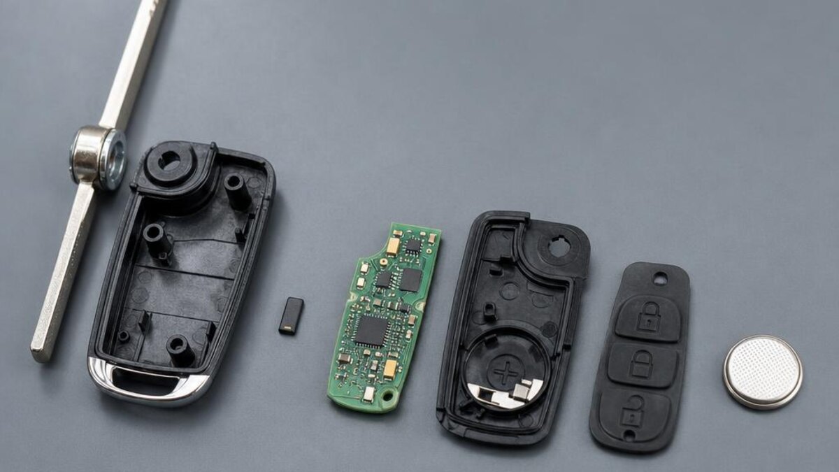 Mechanical blade, transponder chip, remote circuit board, buttons, and battery from an opened car key