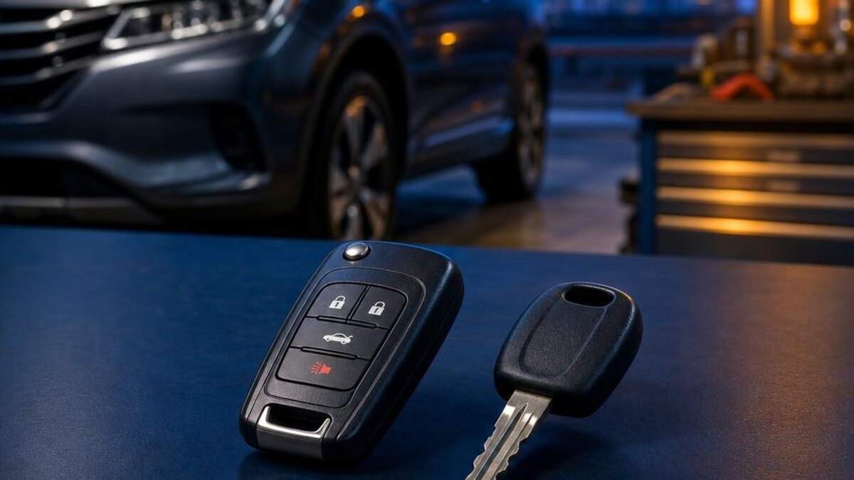 Remote key fob and transponder car key displayed side by side on an automotive locksmith workbench