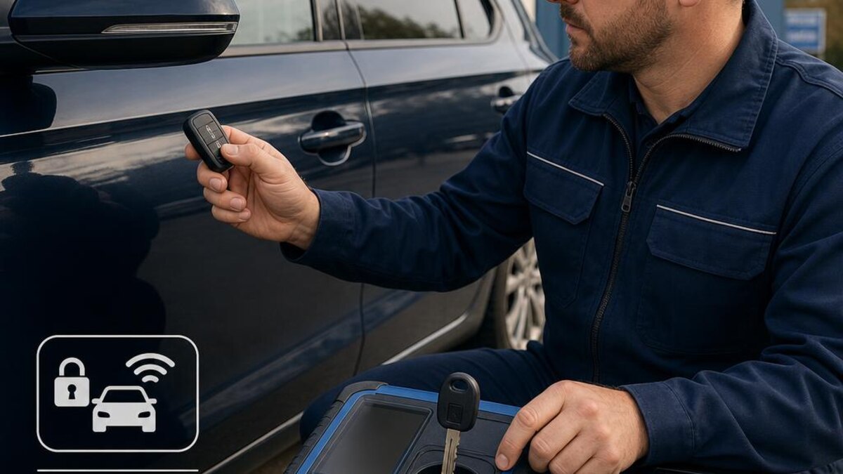 Automotive locksmith checking remote-entry and transponder functions beside a modern vehicle