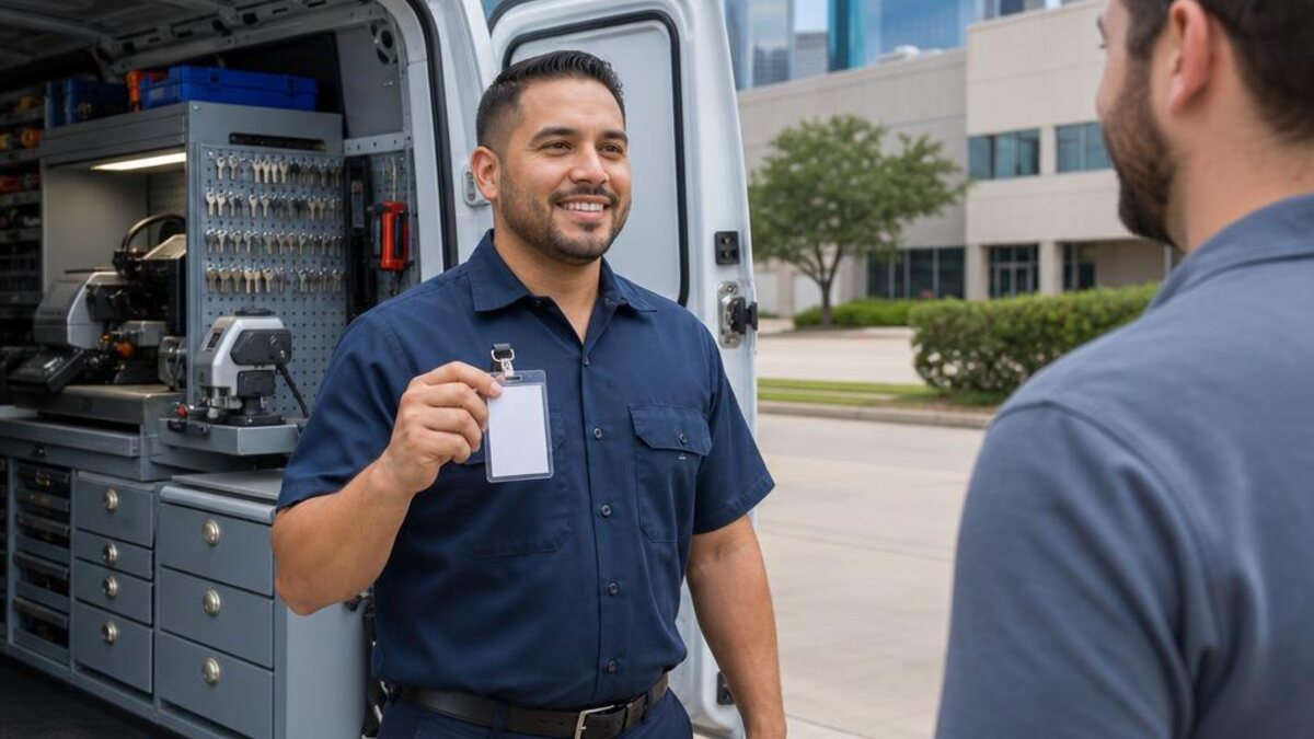 Professional locksmith showing identification beside an organized mobile service van