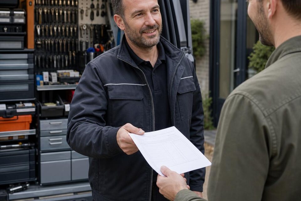Locksmith handing a customer an itemized invoice beside an organized service van