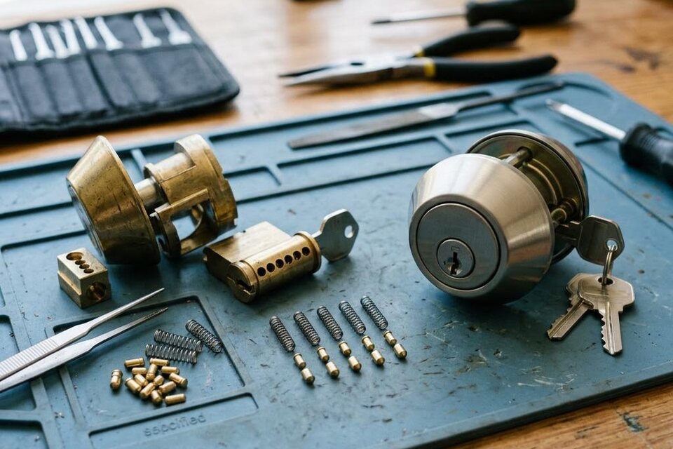 Opened residential lock cylinder beside a complete replacement deadbolt