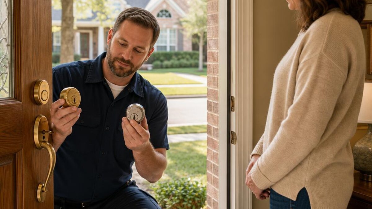 Locksmith comparing an existing residential lock cylinder with a replacement deadbolt