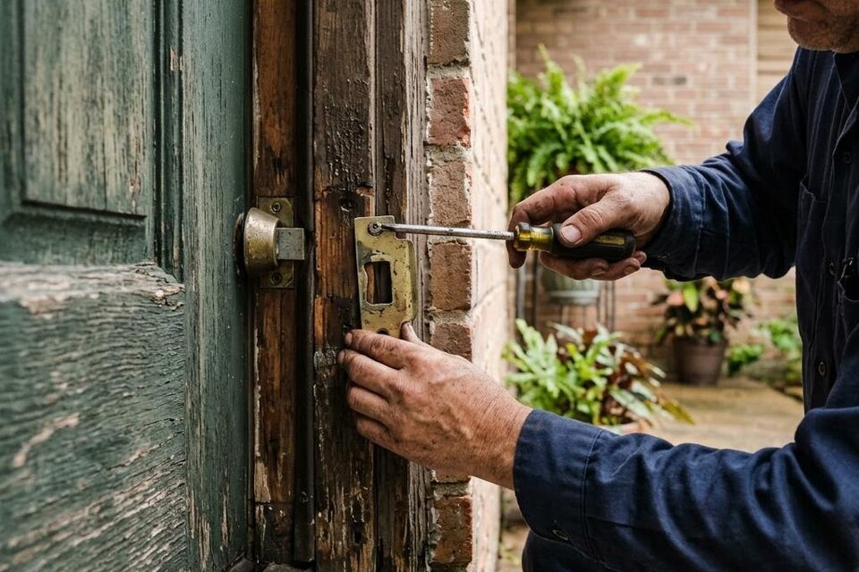 Locksmith adjusting the strike plate on a weathered exterior door