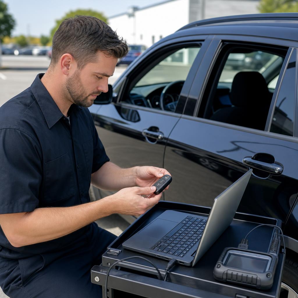 Texan Locksmith technician programming a car key fob with OBD diagnostic tool next to a vehicle in Houston