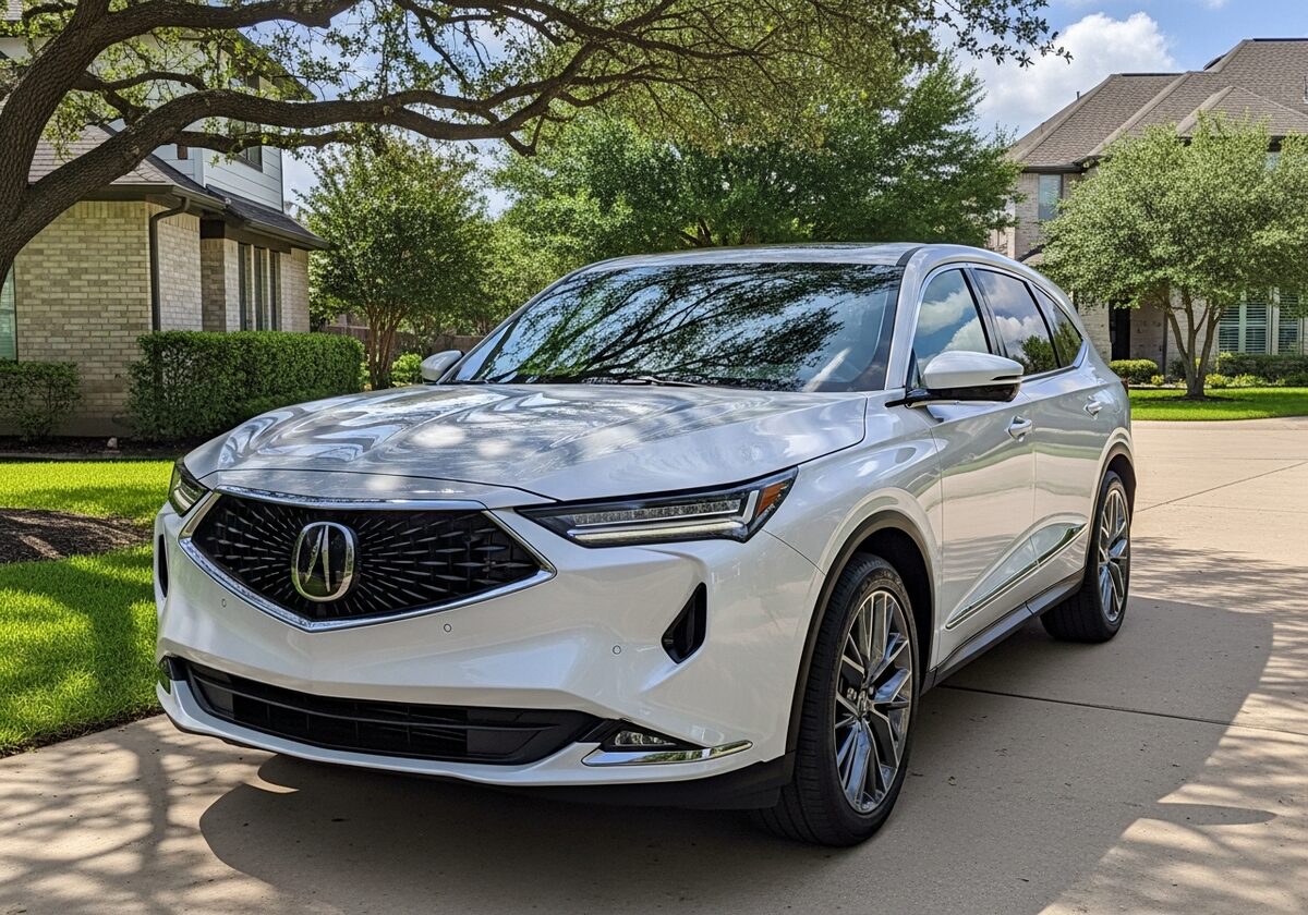 White Acura MDX SUV in a Houston driveway served by Texan Locksmith mobile key replacement