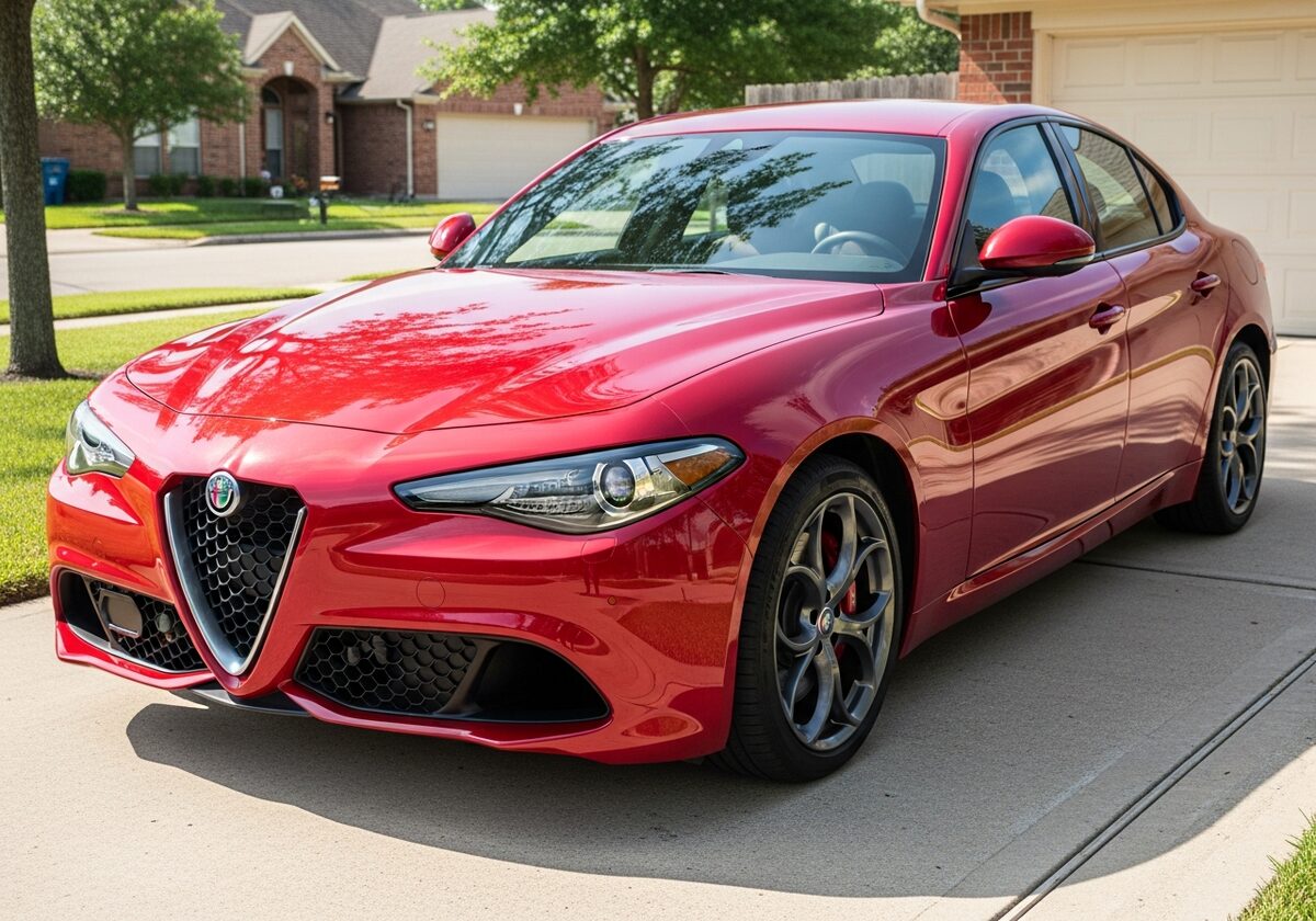 Red Alfa Romeo Giulia sedan in a Houston driveway served by Texan Locksmith mobile key replacement