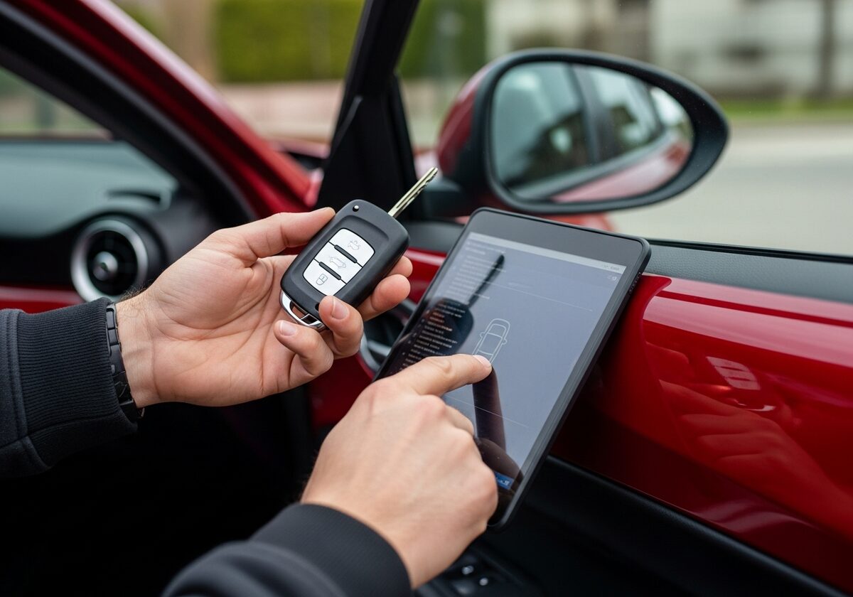 Locksmith programming a Alfa Romeo Giulia key fob on-site in Houston
