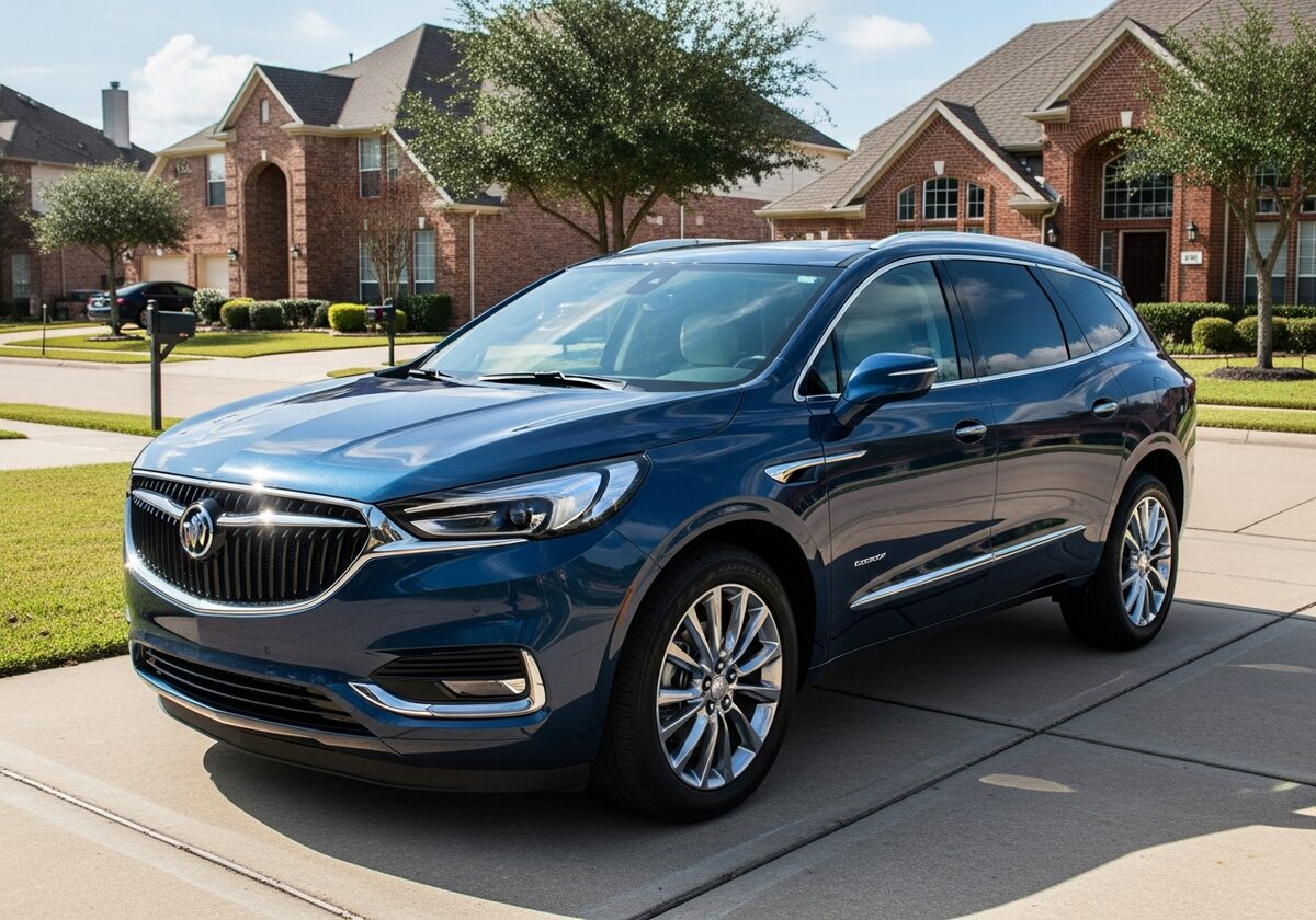 Dark blue Buick Enclave SUV in a Houston driveway served by Texan Locksmith mobile key replacement