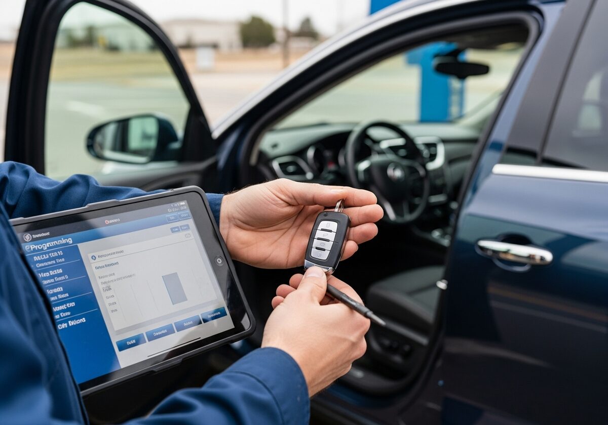 Locksmith programming a Buick Enclave key fob on-site in Houston