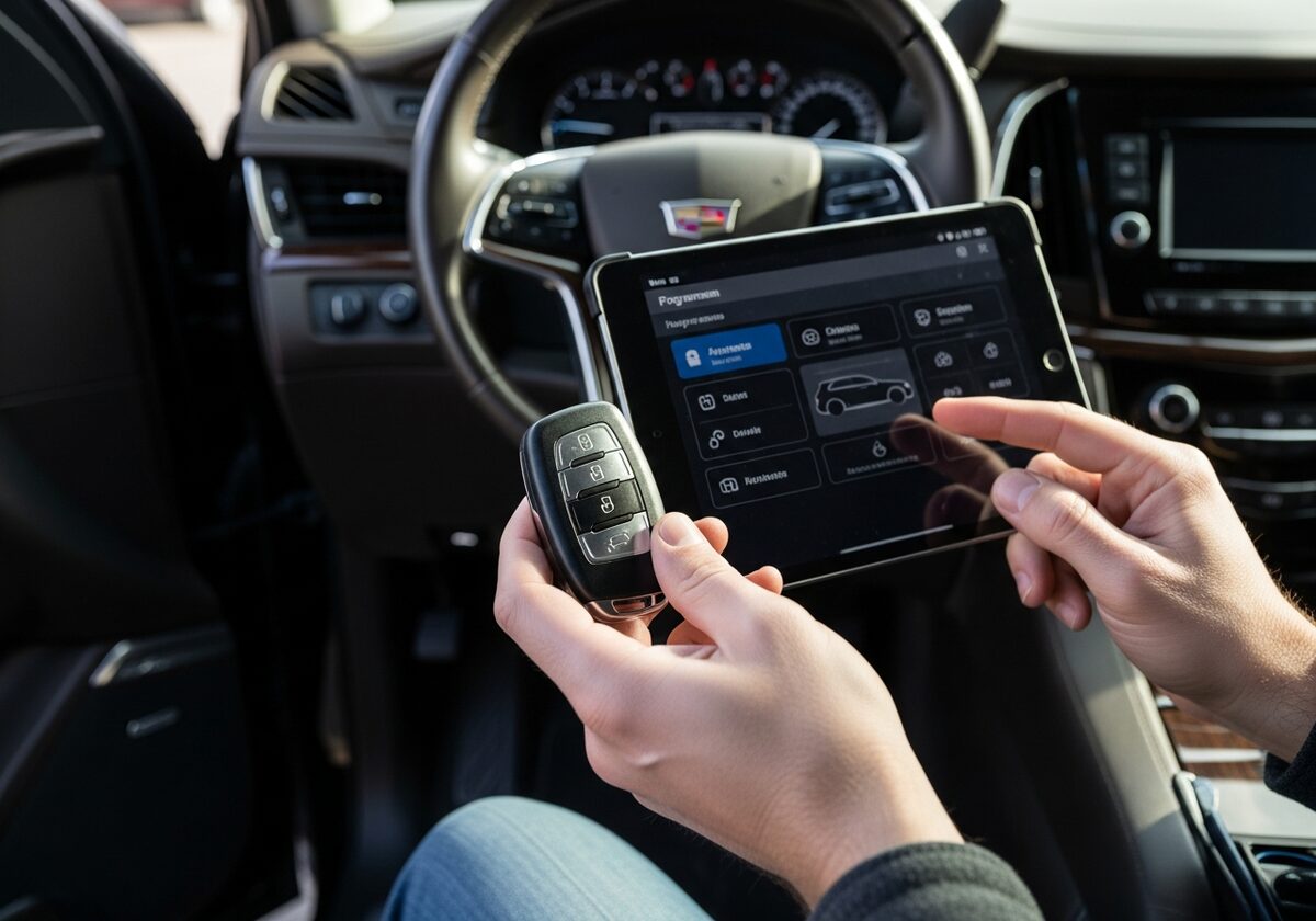 Locksmith programming a Cadillac Escalade key fob on-site in Houston