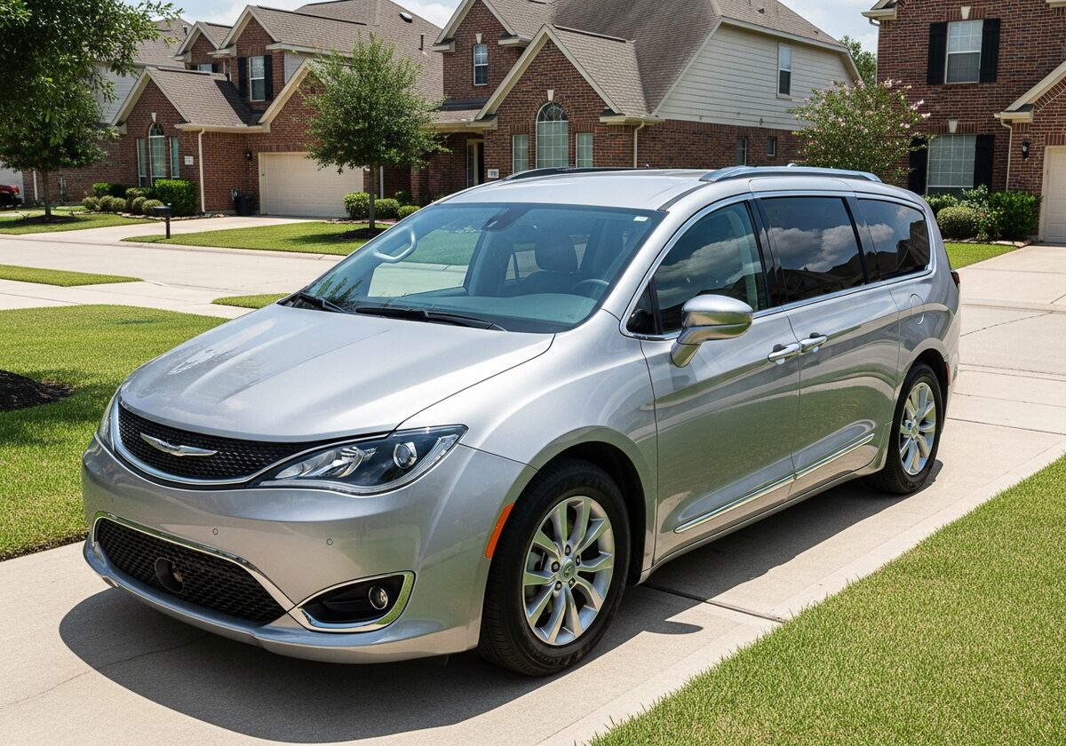 Silver Chrysler Pacifica minivan in a Houston driveway served by Texan Locksmith mobile key replacement
