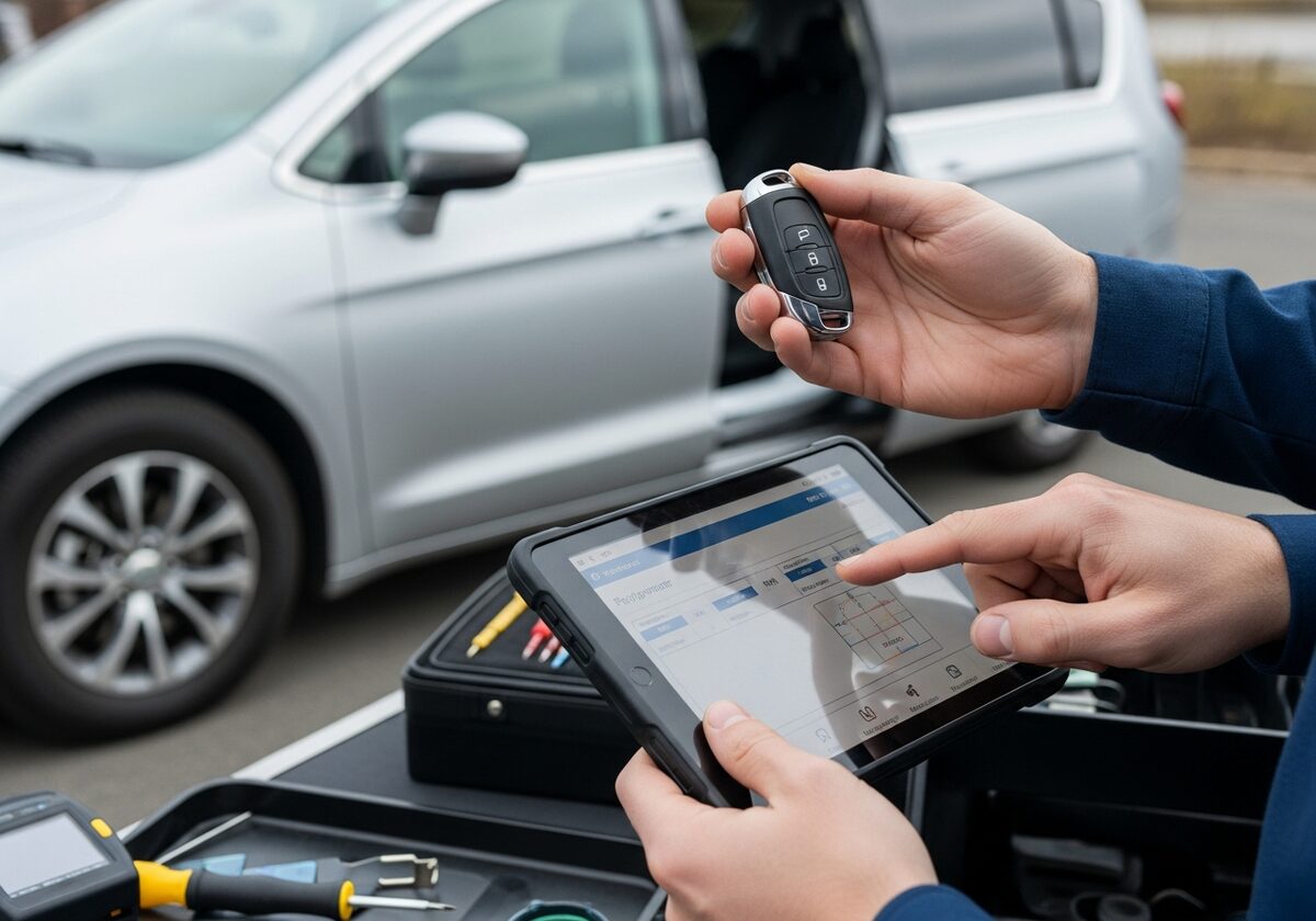 Locksmith programming a Chrysler Pacifica key fob on-site in Houston