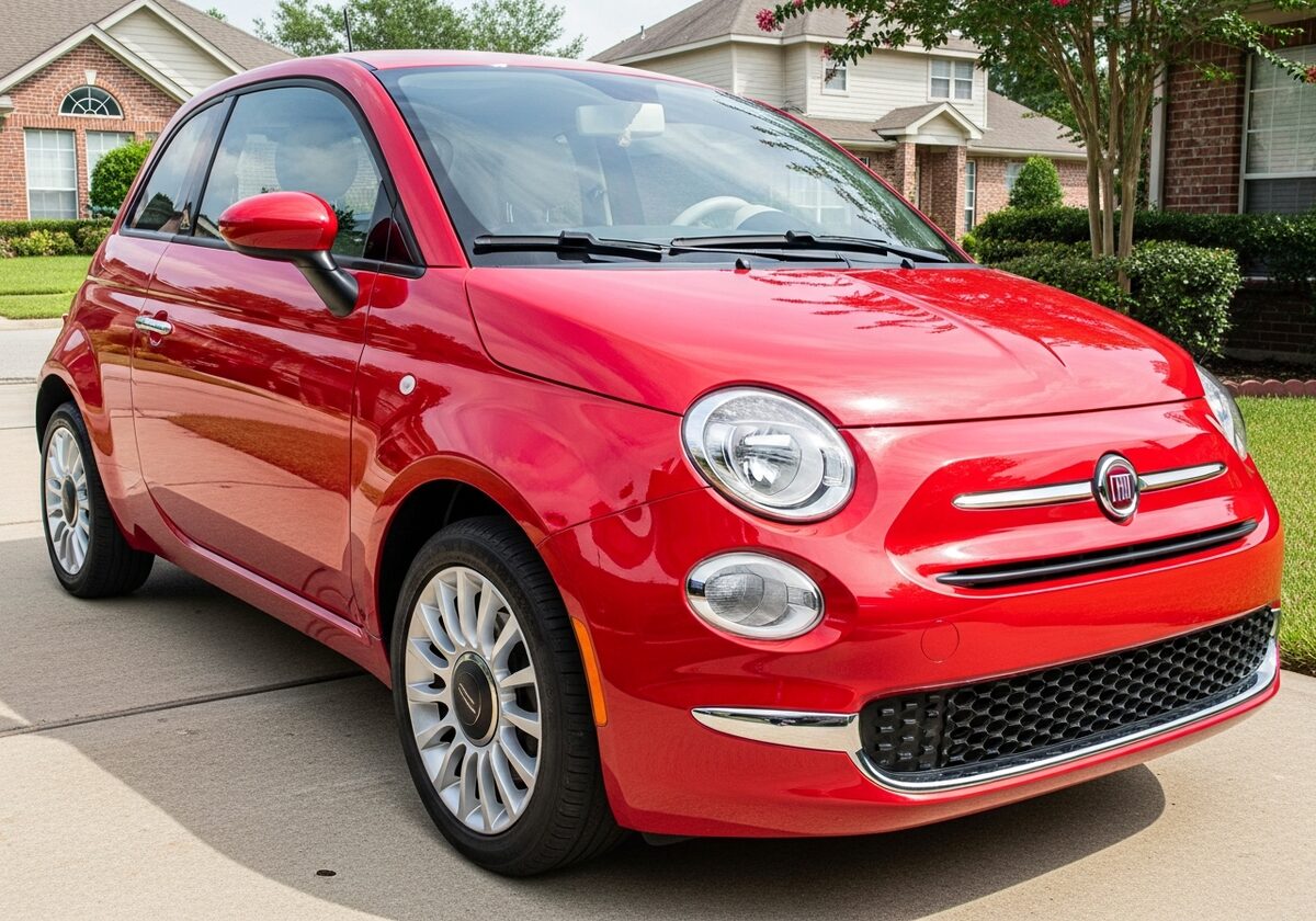Red Fiat 500 hatchback in a Houston driveway served by Texan Locksmith mobile key replacement