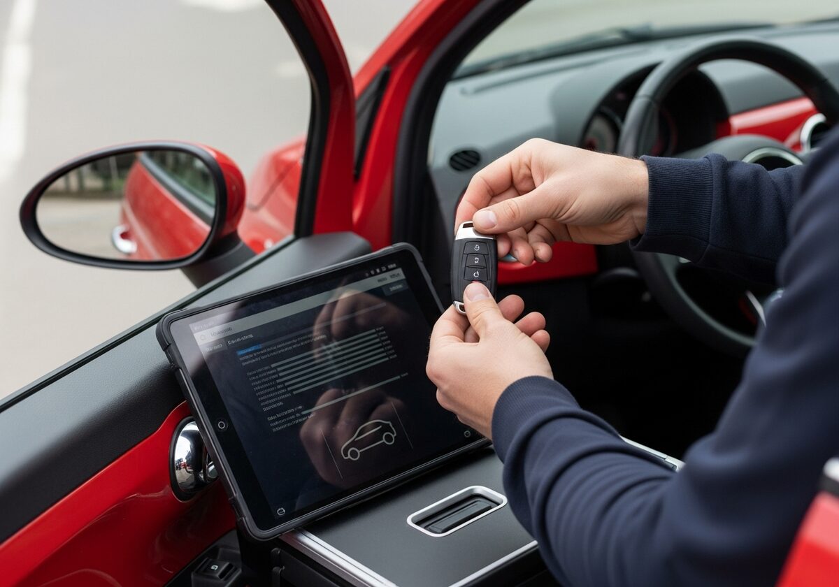 Locksmith programming a Fiat 500 key fob on-site in Houston