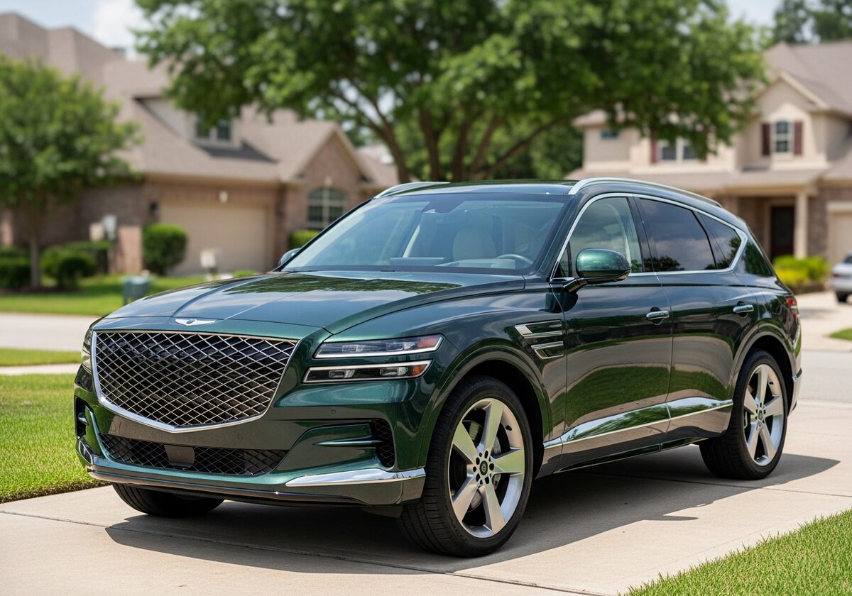 Dark green Genesis GV80 SUV in a Houston driveway served by Texan Locksmith mobile key replacement
