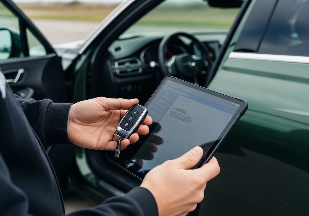 Locksmith programming a Genesis GV80 key fob on-site in Houston