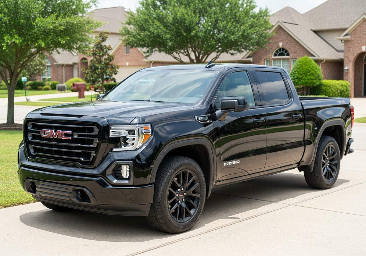 Black GMC Sierra pickup truck in a Houston driveway served by Texan Locksmith mobile key replacement