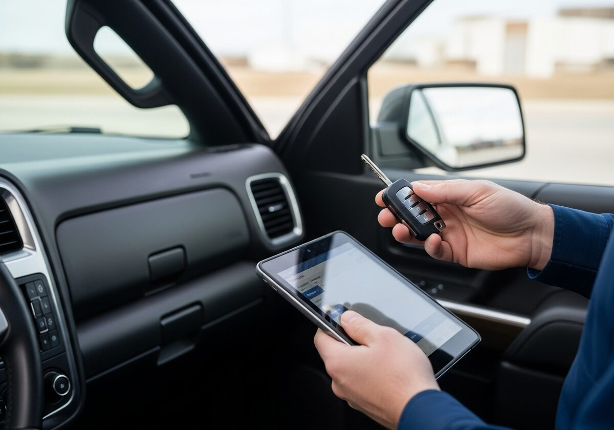 Locksmith programming a GMC Sierra key fob on-site in Houston