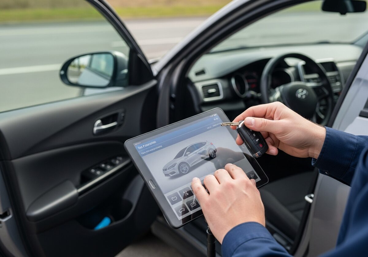 Locksmith programming a Hyundai Tucson key fob on-site in Houston