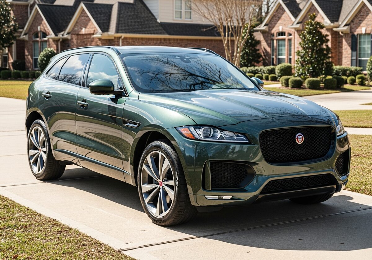 Green Jaguar F-Pace SUV in a Houston driveway served by Texan Locksmith mobile key replacement