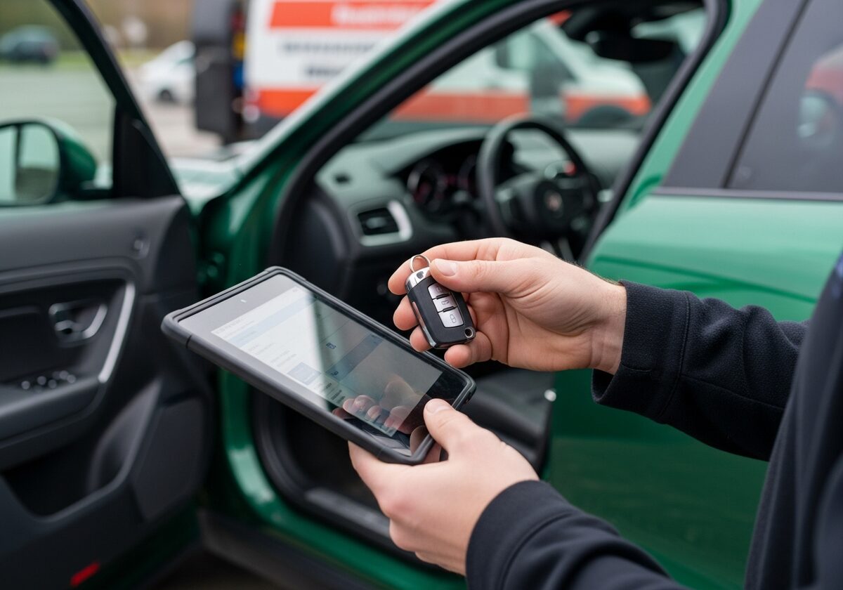 Locksmith programming a Jaguar F-Pace key fob on-site in Houston