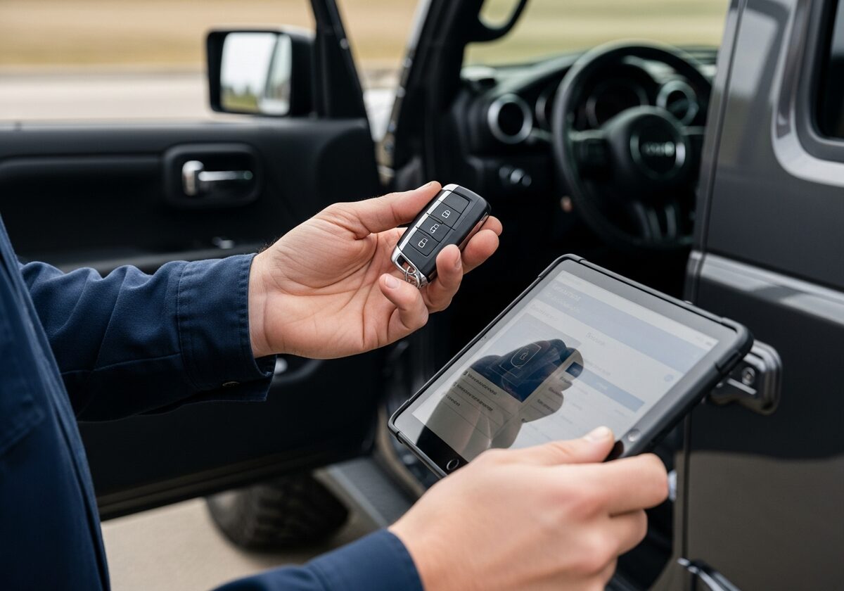 Locksmith programming a Jeep Wrangler key fob on-site in Houston