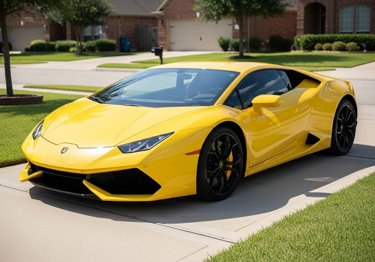 Yellow Lamborghini Huracan in a Houston driveway served by Texan Locksmith mobile key replacement