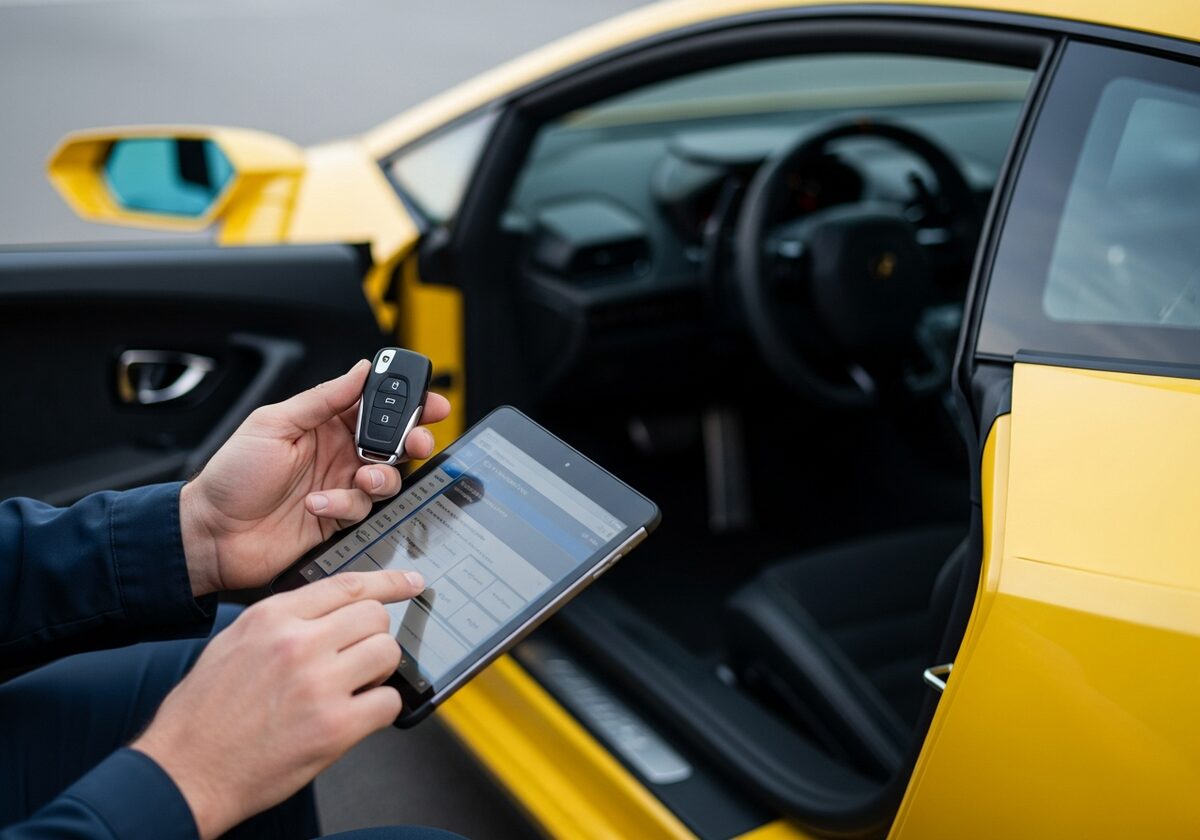 Locksmith programming a Lamborghini Huracan key fob on-site in Houston