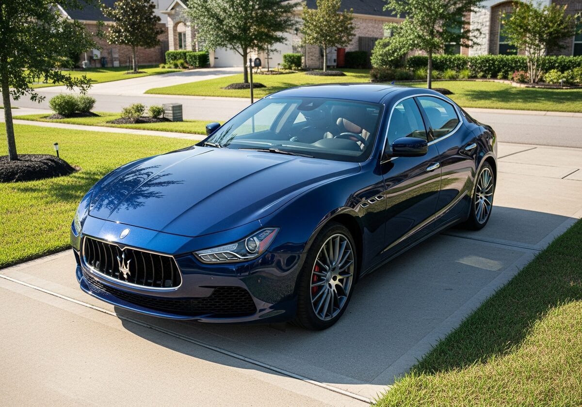 Dark blue Maserati Ghibli sedan in a Houston driveway served by Texan Locksmith mobile key replacement