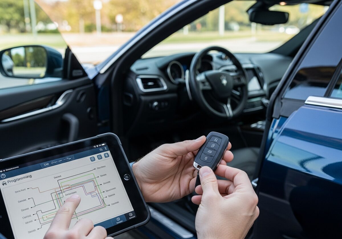 Locksmith programming a Maserati Ghibli key fob on-site in Houston