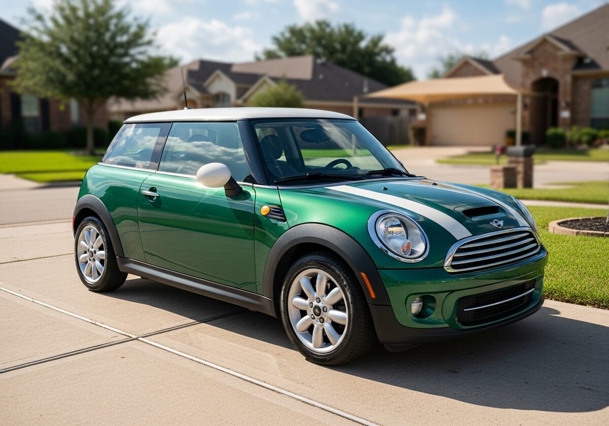 Green Mini Cooper with white roof in a Houston driveway served by Texan Locksmith mobile key replacement
