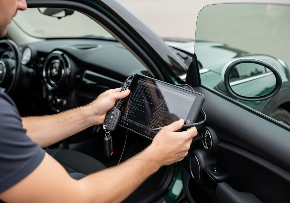Locksmith programming a Mini Cooper key fob on-site in Houston