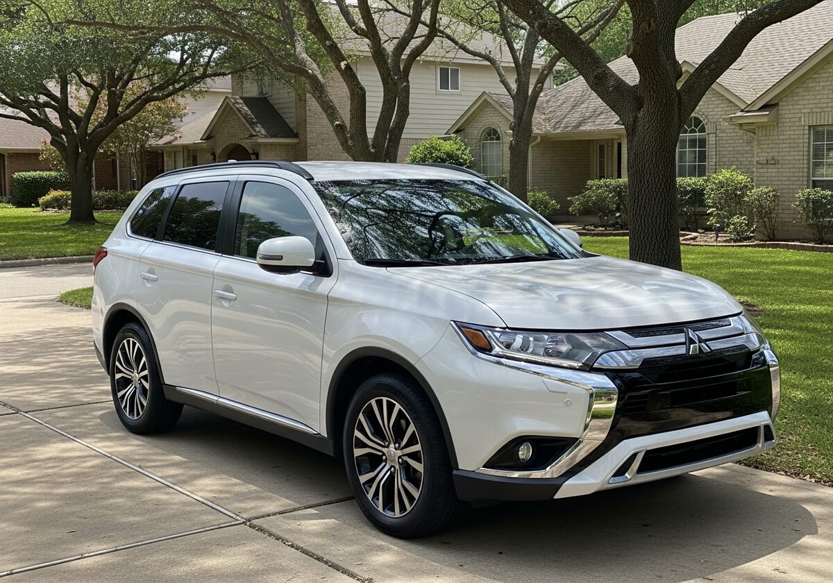 White Mitsubishi Outlander SUV in a Houston driveway served by Texan Locksmith mobile key replacement