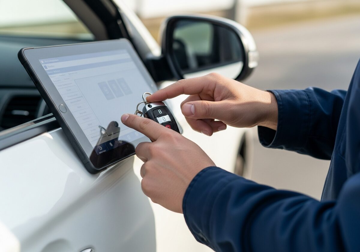 Locksmith programming a Mitsubishi Outlander key fob on-site in Houston
