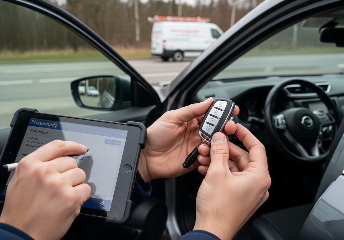 Locksmith programming a Nissan Rogue key fob on-site in Houston