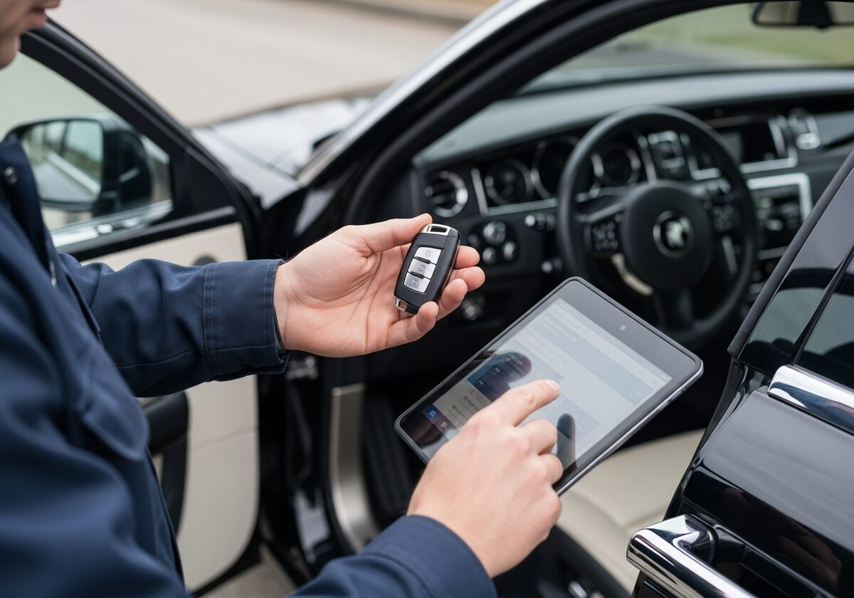 Locksmith programming a Rolls-Royce Ghost key fob on-site in Houston
