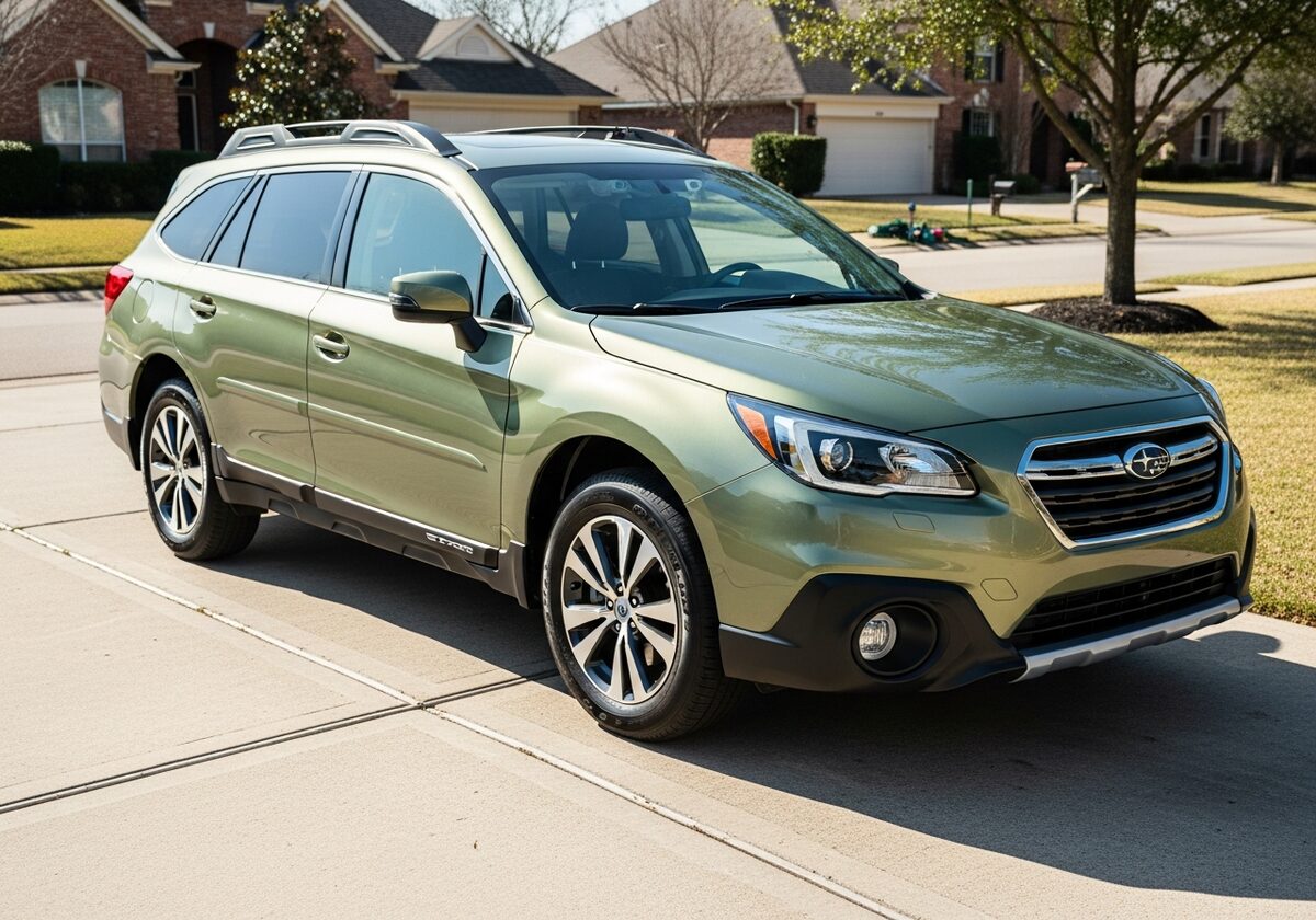 Green Subaru Outback wagon in a Houston driveway served by Texan Locksmith mobile key replacement