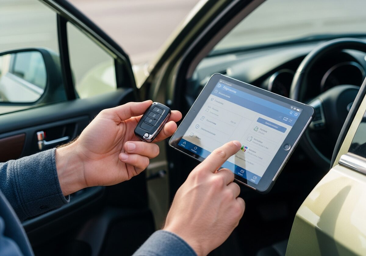Locksmith programming a Subaru Outback key fob on-site in Houston