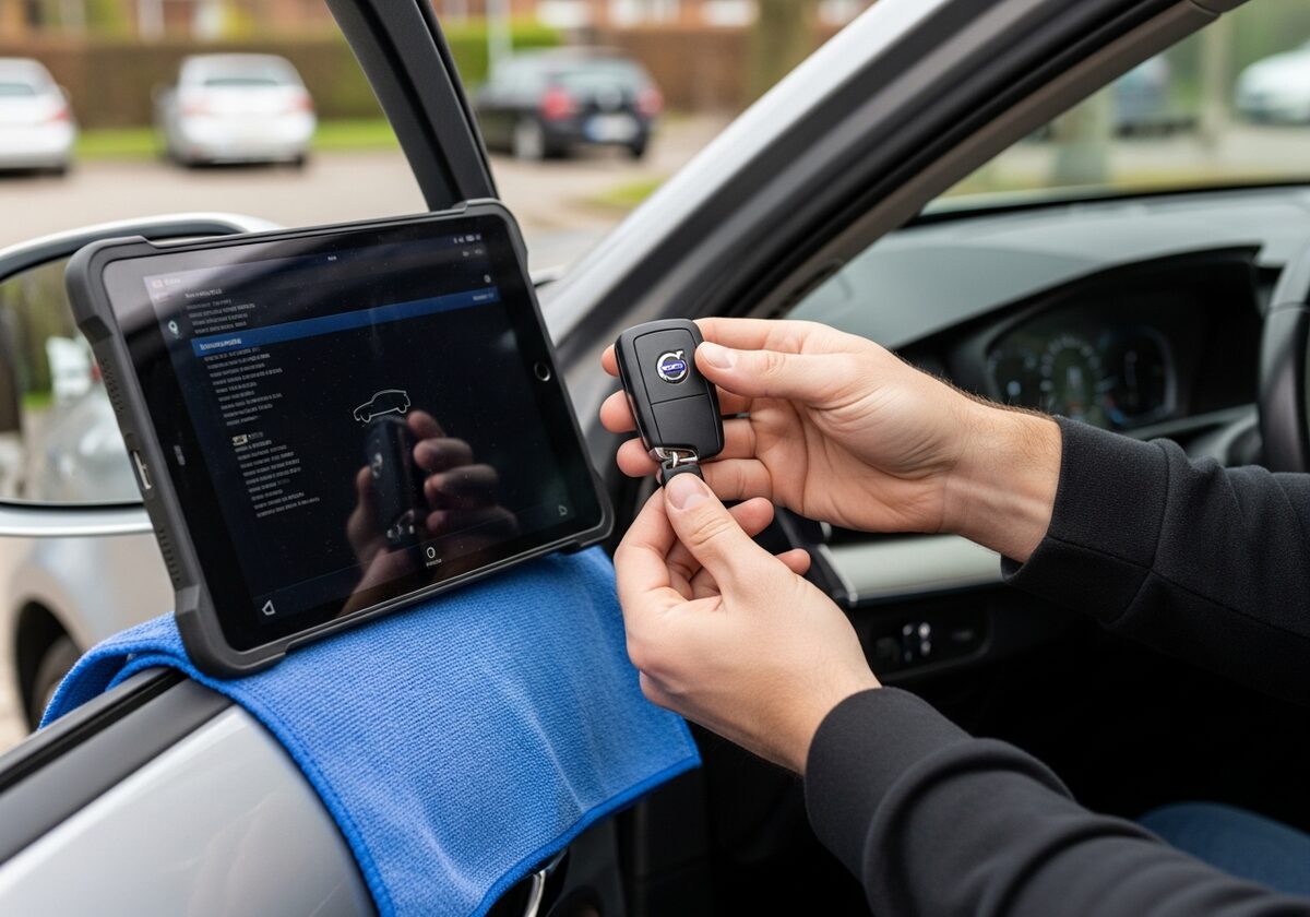 Locksmith programming a Volvo XC90 key fob on-site in Houston
